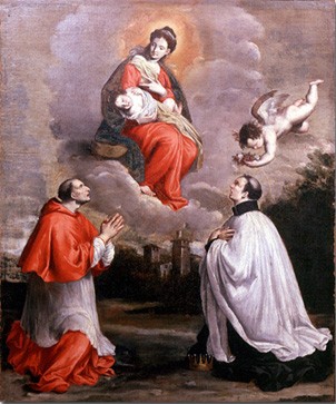 Agostino Bonisoli: Carlo Borromus (links) und Luigi Gonzaga beten die heilige Jungfrau an. Letztes Jahrzehnt des 17. Jahrhunderts, im Museum in Mantua